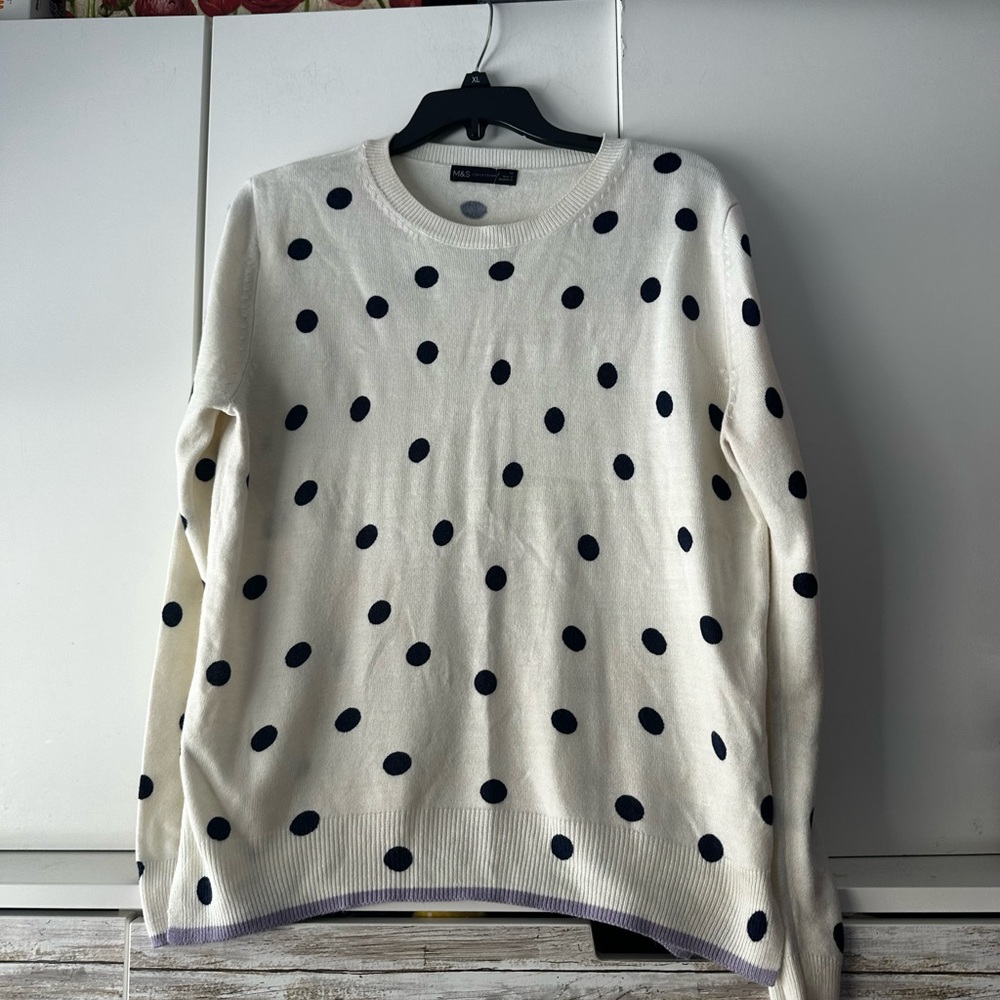 ✨ M&S Cream Navy Polka Dot Sweater UK 12 US 8 Cozy Knit
